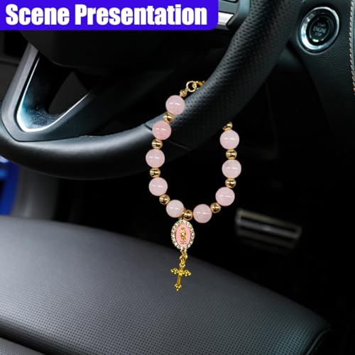 Rosary Car Steering Wheel Rosary Charm, Alloy Cross Religious Rear View Mirror Charm, Personalized Car Mirror Hanging Accessories for Most Cars (Pink) - size: Pink