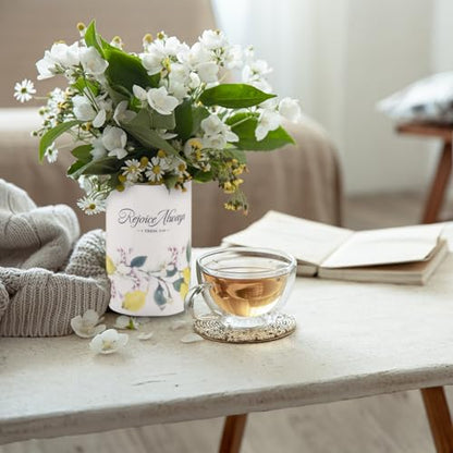 Christian Art Gifts Small White Ceramic Table Vase for Flowers & Plants: Rejoice Always Inspirational Scripture Home Décor, Kitchen, Bathroom, Living Room, Yellow Lemon, Green Leaves & Gold, 5" x 3.2"