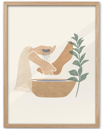 KensTro 12x16 Oak Framed Jesus Washing Feet Boho Christian Wall Art - color: Boho Jesus Washing Feet-Framed, size: 16"L x 12"W