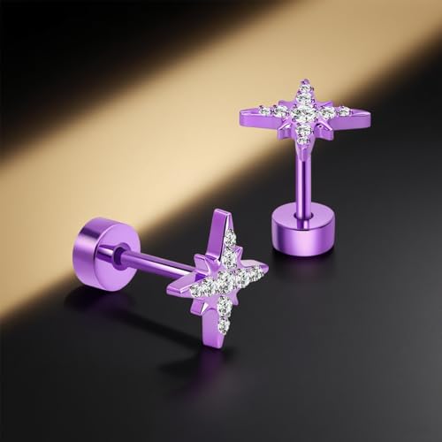 XUU Purple Stud Earrings 20G ASTM F136 Implant-Grade Titanium - color: purple cross star