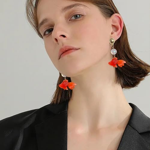 Goldfish Shape Resin Dangle Earrings Handmade Colorful Goldfish Drop Earring Stud for Women - color: Red