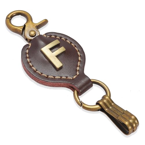 Initial Letter Keychain Brown Leather Alphabet Keychain with Easy Clasp, Key Car Key Bag Key Ring for Women Mens - color: F