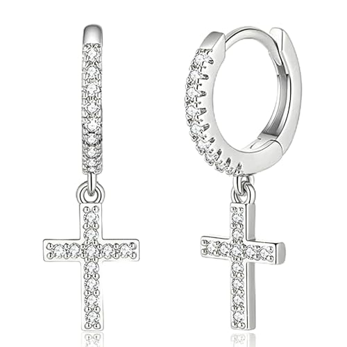 Cross Dangle Hoop Earrings for Women with CZ Stones - color: Silver