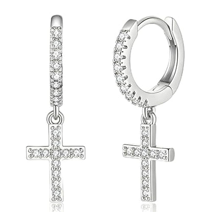 Cross Dangle Hoop Earrings for Women with CZ Stones - color: Silver