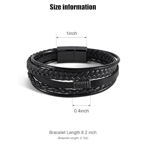 Leather Bracelet for Men Braided Stainless Steel Mens Bracelets - color: Black-BlackBuckle