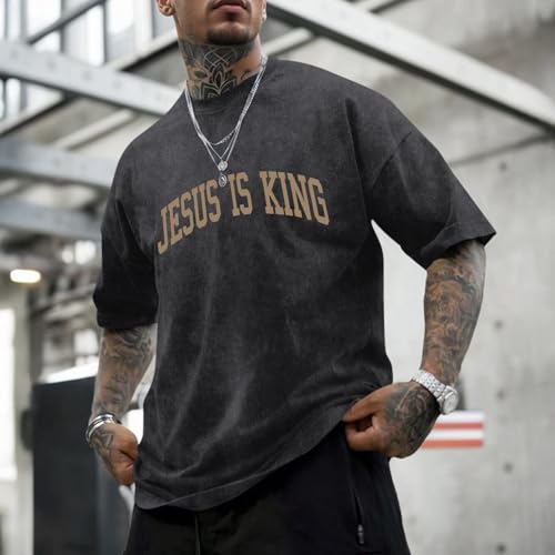 Mens Christian Shirts Jesus is King Love You Tshirt God Faith Religious Bible Verse Oversized Acid Wash Graphic Tees - color: Black, size: 3X-Large
