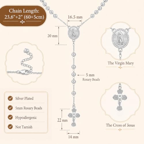 Women's Gold Rosary Beads Necklace,14K Gold Plated Virgin Mary Y Necklaces - color: Silver