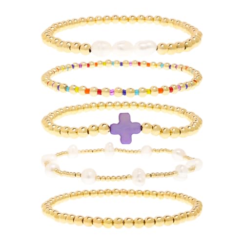 Gold Pearl Beaded Cross Bracelets Stack Set for Women, Boho Handmade Colorful Small Beads Stretchable Jewelry Friendship Summer Trendy Gift. - color: purple