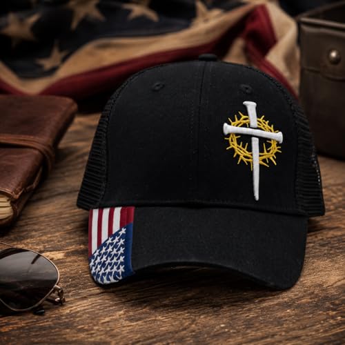 Christian Cross Baseball Cap for Men, American Flag - color: Black