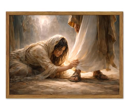 Framed Christian Jesus Wall Art, Woman Touching the Hem of Jesus Garment Wall Decor Paintings, Bible Faith Pictures Canvas Prints Religious Home Decor Artwork for Living Room Bedroom Church 16x24 Inch - color: Jesus, size: 24"L x 16"W