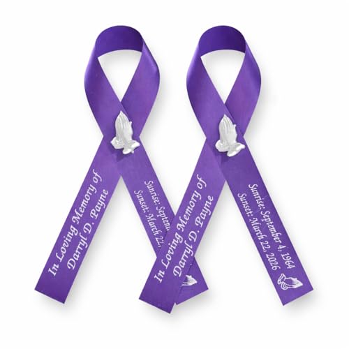 Personalized Memorial Service Funeral Ribbon Pins 20 Cross Religious Celebration of Life Custom Made Awareness Remembrance Anniversary Death Cross Sympathy Name Angel - color: purple