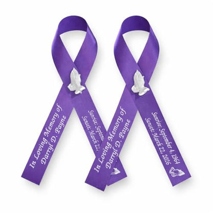 Personalized Memorial Service Funeral Ribbon Pins 20 Cross Religious Celebration of Life Custom Made Awareness Remembrance Anniversary Death Cross Sympathy Name Angel - color: purple
