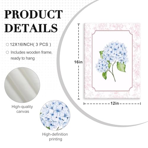 NCCXNCC 3Pcs College Style Blue Hydrangea Canvas Wall Art 12x16 Inch Frame - color: Blue Hydrangea, size: 12×16inch