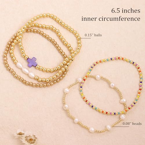 Gold Pearl Beaded Cross Bracelets Stack Set for Women, Boho Handmade Colorful Small Beads Stretchable Jewelry Friendship Summer Trendy Gift. - color: purple