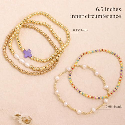 Gold Pearl Beaded Cross Bracelets Stack Set for Women, Boho Handmade Colorful Small Beads Stretchable Jewelry Friendship Summer Trendy Gift. - color: purple
