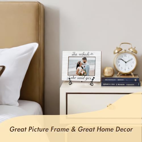 Wedding Gifts Wooden Picture Frames 4x6 - He asked, She said Yes, Engagement Photo Frame With Stand for Engaged Couples, Proposal Picture Frame Display Frame Desk Decor Home Decor (Horizontal) -31 - style: He asked, She said Yes