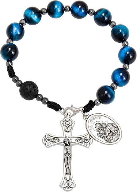 Nazareth Store Tiger Eye Beads One Decade Rosary Handmade Pocket Car Mirror with Saint Joseph Medal and Jesus Cross in Antique Silver Volcanic Stone Travel Friendly Rosary - color: Blue Tiger Eye