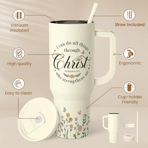 Christian Tumbler with Handle 40oz, Inspirational Gifts for Her, Religious Gift for Women Girl, Stainless Steel Insulated Coffee Travel Cup, Inspiration Gift for Christmas Birthday Mothers Day - color: Christian