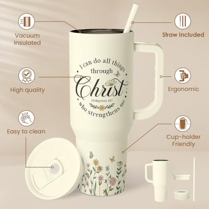 Christian Tumbler with Handle 40oz, Inspirational Gifts for Her, Religious Gift for Women Girl, Stainless Steel Insulated Coffee Travel Cup, Inspiration Gift for Christmas Birthday Mothers Day - color: Christian