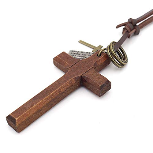 LNKRE JEWELRY Cross Necklace for Men with Leather Chain Vintage Look Wood Necklace - color: Brown
