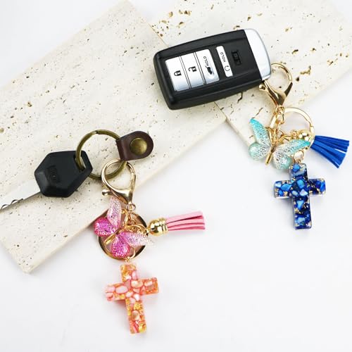 Cross Keychains Christian Keyring Tassels Butterfly Resin Jesus Key Chain Bag Charm Phone Car Key Accessories - size: 12 Packs
