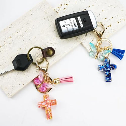 Cross Keychains Christian Keyring Tassels Butterfly Resin Jesus Key Chain Bag Charm Phone Car Key Accessories - size: 12 Packs