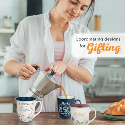 Christian Art Gifts Large Ceramic Inspirational Scripture Coffee & Tea Mug for Women: Strength & Dignity Encouraging Golden Bible Verse, Non-toxic Lead/Cadmium-free Cup, White & Blue Floral, 14 oz. - color: Blue/Strength & Dignity