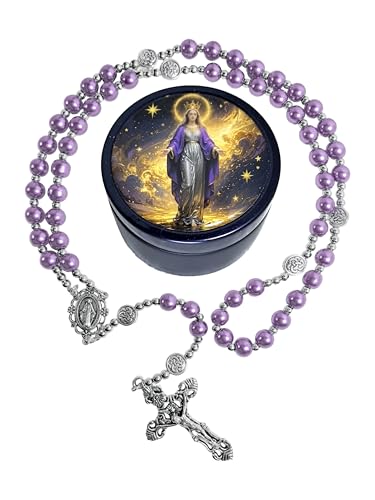 8mm Glass Pearl Rosary - Catholic Necklace for Men and Women Comes in a Metal Gift Box, First Communion Rosary Necklace as Gifts - color: Purple