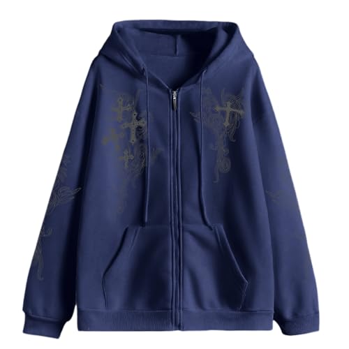 Zip Up Hoodies Y2k Jacket Graphic Gothic Jackets Grunge Cross Hoodie Baggy Streetwear Emo Sweater Aesthetic Clothes - color: Navy Blue, size: XX-Large