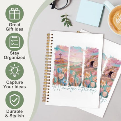 Bible Notebook for Women Men, Christian Journal,A Lot Can Happen In Three Days Cross Flowers Inspirational Christian Church Notebook Hardcover Spiral Notebook, 5.5x8.3 Inch - color: white-A Lot Can Happen In Three Days Cross Flowers