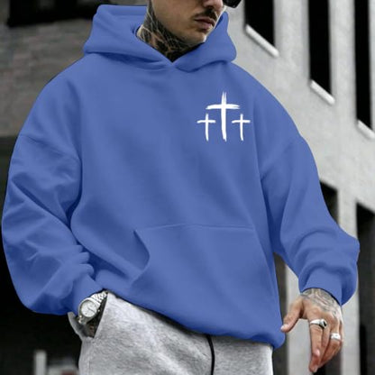 Men Faith Over Fear Christian Cross Graphic Pullover Hoodie - color: Blue, size: Large