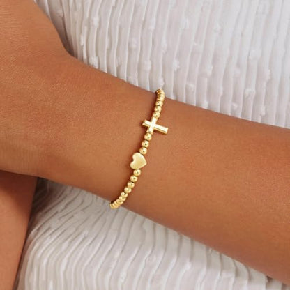 Turandoss Gold Cross Bracelet for Women Heart Beaded Bracelet Faith Jewelry - color: Heart Cross Bracelet
