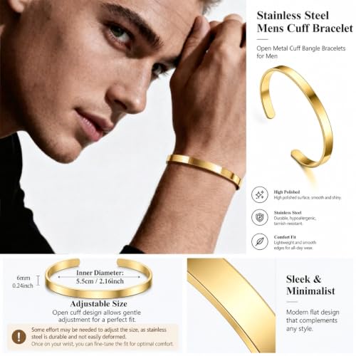 Stainless Steel Cuff Bracelet for Men, Adjustable Open Metal Bangle Bracelet, Minimalist Mens Jewelry Gift - color: gold