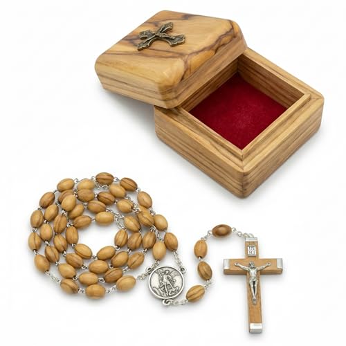 St. Michael Olive Wood Rosary and Box Gift Set