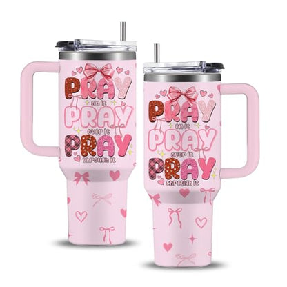 Pink Christian Inspirational Tumbler, Pray Over It Bible Verse Gifts, Christian Gifts for Women, Daily Prayer Pink Tumbler With Handle Jesus Cup 40oz - color: Christian/Pray Over It
