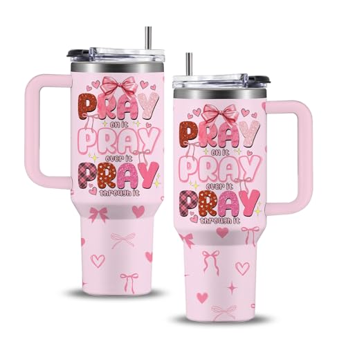 Pink Christian Inspirational Tumbler, Pray Over It Bible Verse Gifts, Christian Gifts for Women, Daily Prayer Pink Tumbler With Handle Jesus Cup 40oz - color: Christian/Pray Over It