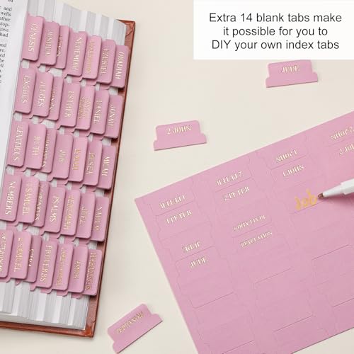 Leather Bible Tabs, Bible Tabs for Women and Men(Gold Foil Lettering) Large Print Stickers, Easy to Read and Apply, 66 Chapters & 14 Blank DIY Labels for Easy Navigation, Christian Accessories(Pink) - style: Leather Pink