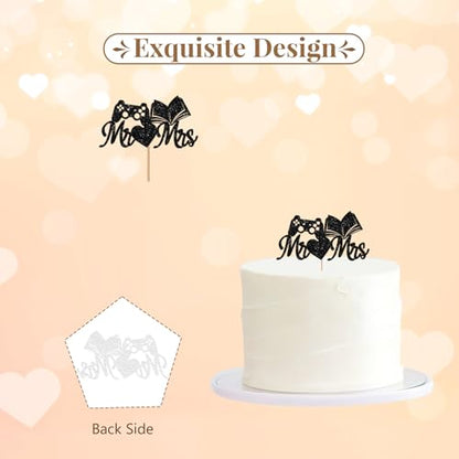 Gamer and Book Reader Wedding Cake Topper, Funny Mr & Mrs Cake Decor, Black Glitter Game Console and Book Couple Cake Topper for Engagement/Anniversary/Bridal Shower Party Decoration - style: Game&Book