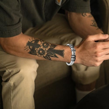 Mens Christian Cross Double Row Leather Bracelet, Religious Braided Cuff Bracelet for Men - color: White, size: 8.5 inches