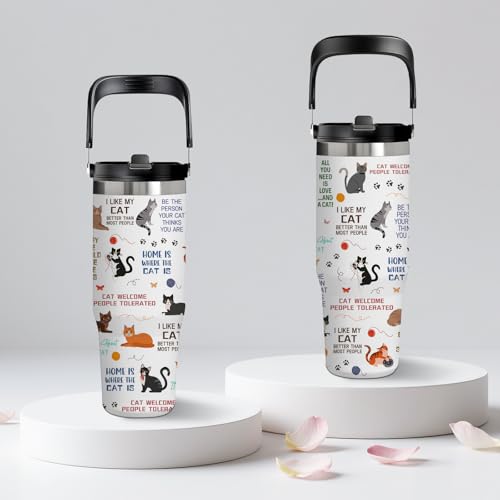 30oz Insulated Tumbler with Top Handle and Flip Straw, Gift for Cat Lovers - color: Cat1