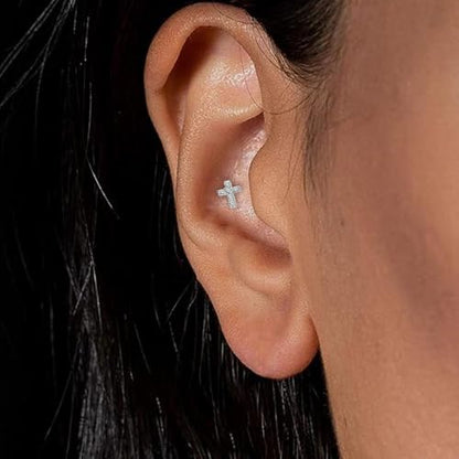 16g Tiny Cross Hypoallergenic 925 Sterling Silver Stud Earrings for Women With Flat Screw Back Small Cubic Zirconia Cartilage Pierced Earrings for Tragus Helix Conch Cartilage Jewelry Gifts - color: Silver