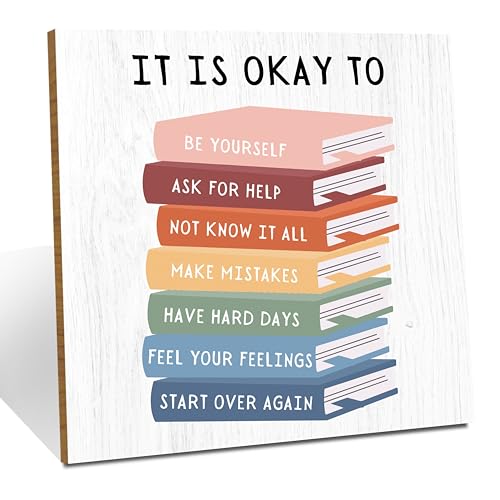 Book Lover Gifts Decorative Book Desk Decor Motivational Okay Affirmations Positive Inspirational Wood Sign for Home Farmhouse Office Nursery Playroom Homeschool Classroom Reading Corner Table Shelf - color: It Is Okay