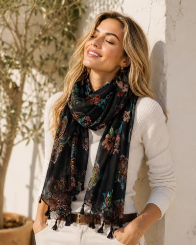 YOUR SMILE Large Boho Scarf for Women Lightweight Floral Printed Scarves Fall Winter Fashion Fringed Shawl wraps - color: 04 Navy Flower