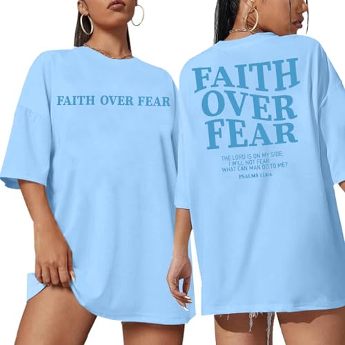 BANGELY Faith Over Fear Shirt Women Graphic Shirts Oversized Workout Gym Christian Religious Tees Drop Shoulder Tee Tops - color: Little-blue, size: Small