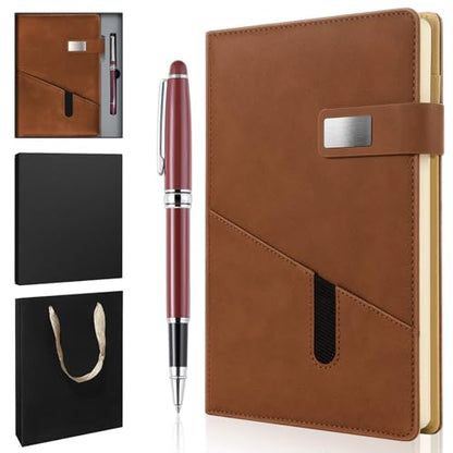 A5 Lined Leather Notebook and Pen Set with Gift Box, 240 Pages Refillable Journal with Pocket and Magnetic Buckle, Hardcover Daily Diary for Men and Women Business Travel Personal Writing- Brown - color: Brown