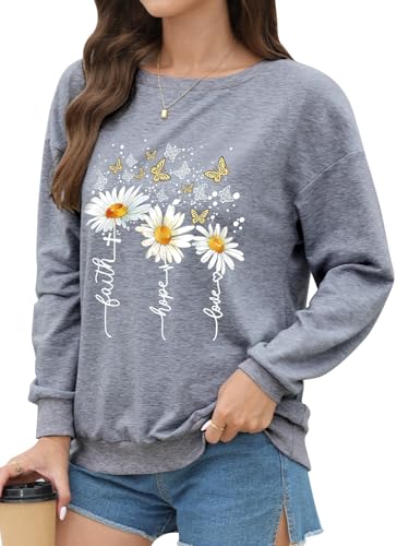 Women’s Christian Sweatshirts,Faith Hope Love Daisy Print Crewneck Long Sleeve Casual Loose Fit Sweatshirt - color: Dark Grey, size: XX-Large