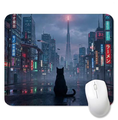 Night City Black Cat Mouse Pad for Desk, Black Cat Lover Mom Gifts Mousepads with Anti-Slip Rubber Base for Computer Laptop Home Office Desk Accessories, 9.5x7.9 Inch - color: Square mouse pad-Black Cat