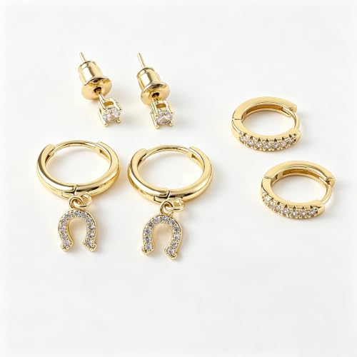 SHERLOVE Gold Earring Stacks Women 3Pairs Dangle Stud Huggie Hoop Set - color: 3 Pairs-Horseshoe 01 Stud Gold