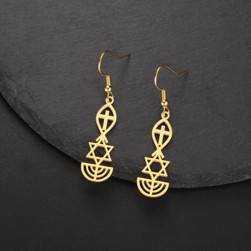 Messianic Seal Dangle Earrings Messianic Seal of Jerusalem Earrings Star of David,Ichthus with Cross,Menorah,Jewish Star Earrings Religious Hanukkah Jewelry Token of Prayer - color: gold