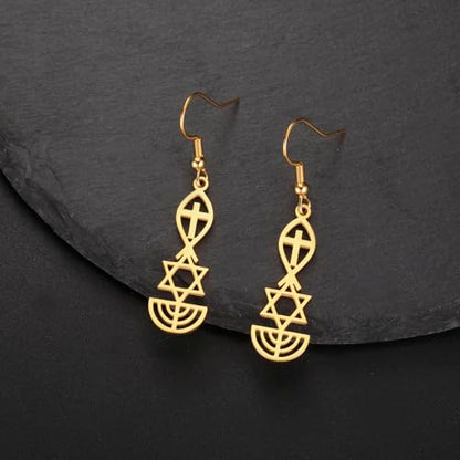 Messianic Seal Dangle Earrings Messianic Seal of Jerusalem Earrings Star of David,Ichthus with Cross,Menorah,Jewish Star Earrings Religious Hanukkah Jewelry Token of Prayer - color: gold